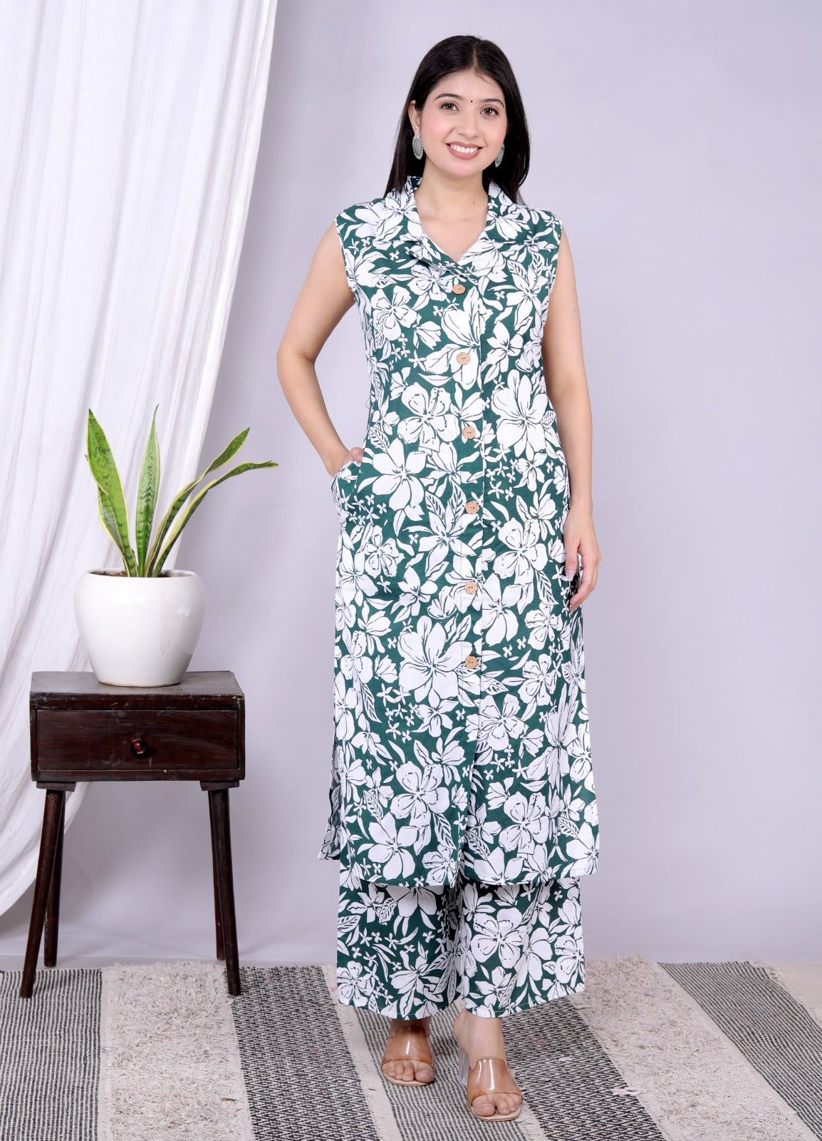 Cotton Floral Print Co-ord Set – Elegant Two-Piece Set for Women (Top & Bottom)